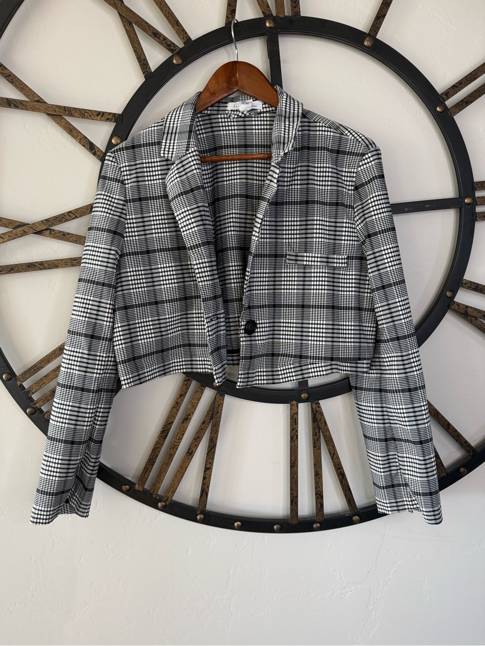 Cropped Plaid Blazer - Black & White